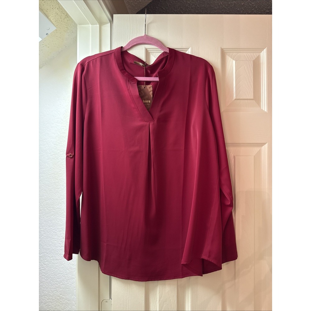 Gaharu Red Blouse Top Womens XL Long Roll Tab Sleeve V-Neck Polyester